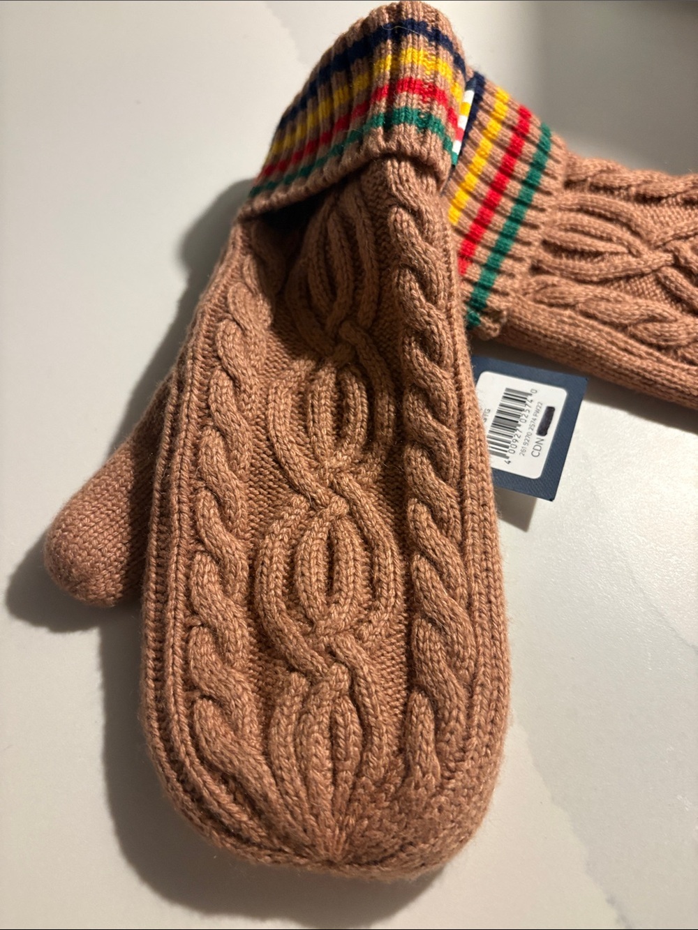 Camel Cable-Knit Mittens with classic Hudson Bay Stripes Cuff with Cashmere ✨